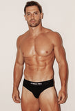 This image features the STRIKE PRO Core Cotton Hip Brief in black, designed for optimal everyday comfort and durability. The brief is modeled by a fit male, highlighting the snug yet comfortable fit and contoured design of the hip brief.