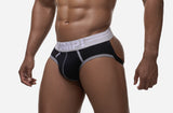 Three-quarter front view of the black PUMP! Courtside Full Front Jockstrap