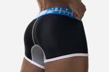 Rear view of the black PUMP! Drop Shot Boxer with white ribbed leg elastics